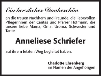 Traueranzeige von Anneliese Schriefer von Pegnitz-Zeitung